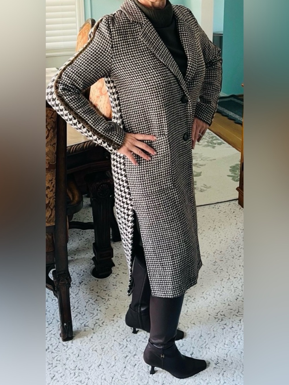 Mystree Brown and cream Houndstooth Coat with gold thread woven throughout coat